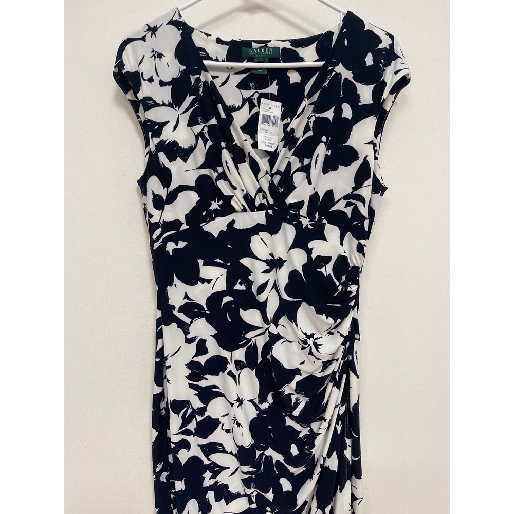 Lauren Ralph Lauren Navy White Floral Ruched V-Neck Sheath Dress Size 12 NWT